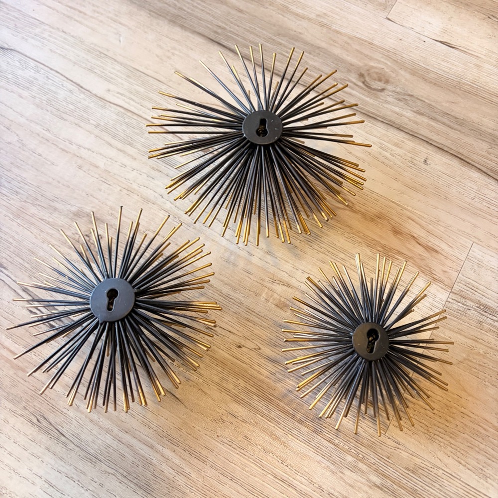 Atomic Starburst Metal Sea Urchins Wall Hangings MCM Decor Gold Black Set of 3 - Picture 7 of 16
